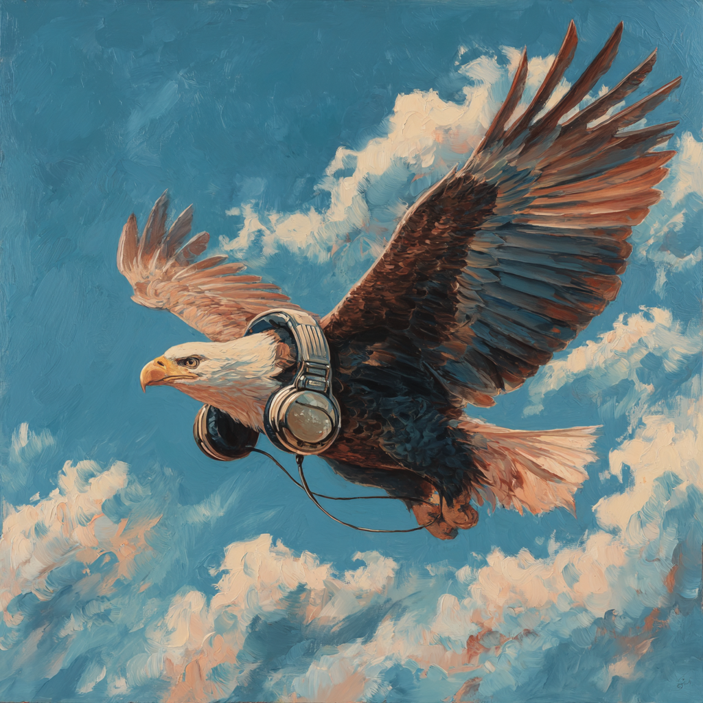 cloversecret_a_painting_of_an_eagle_flying_with_headphones_9a05c5fb-51f7-4c93-b890-b97212739779